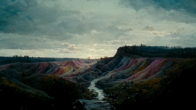 small ravines lined with unnaturally bright layers of sediment washed like bright bands from a child's paint set.